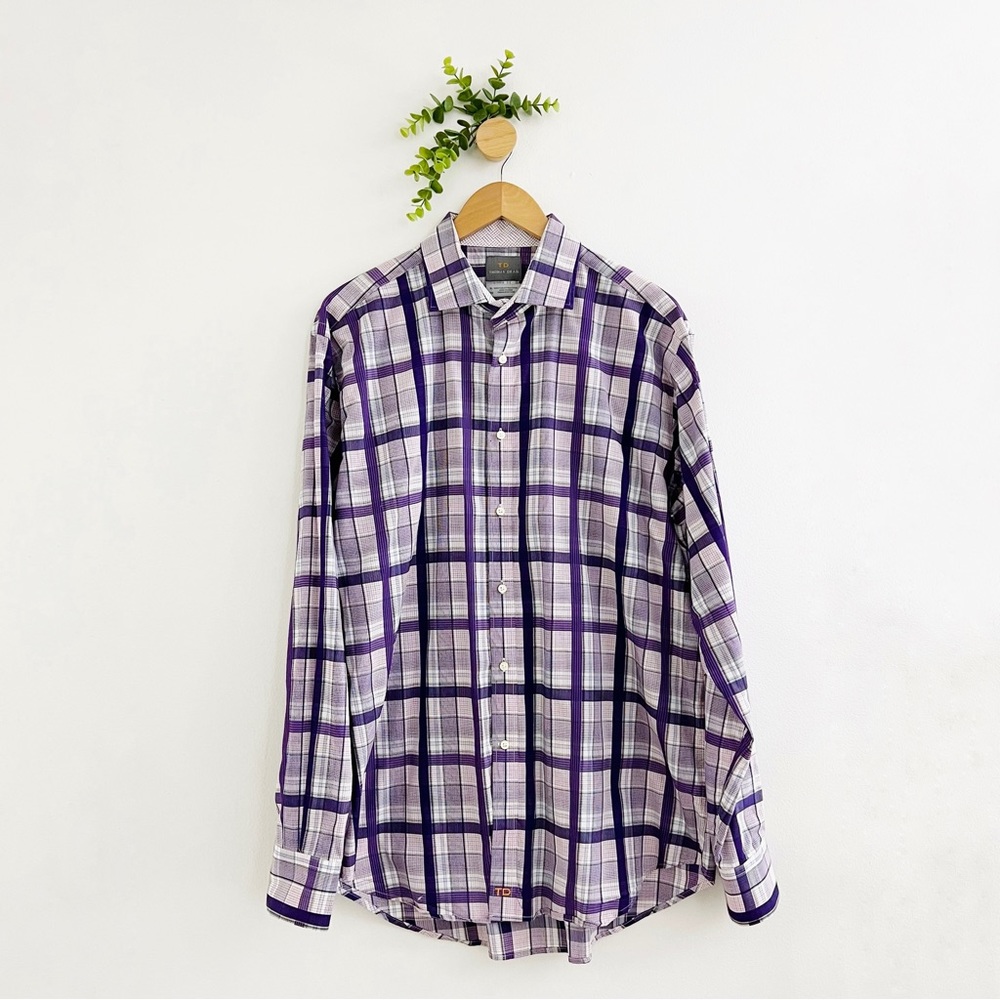 Thomas Dean 100% Pima Cotton Plaid Purple Button Up Shirt